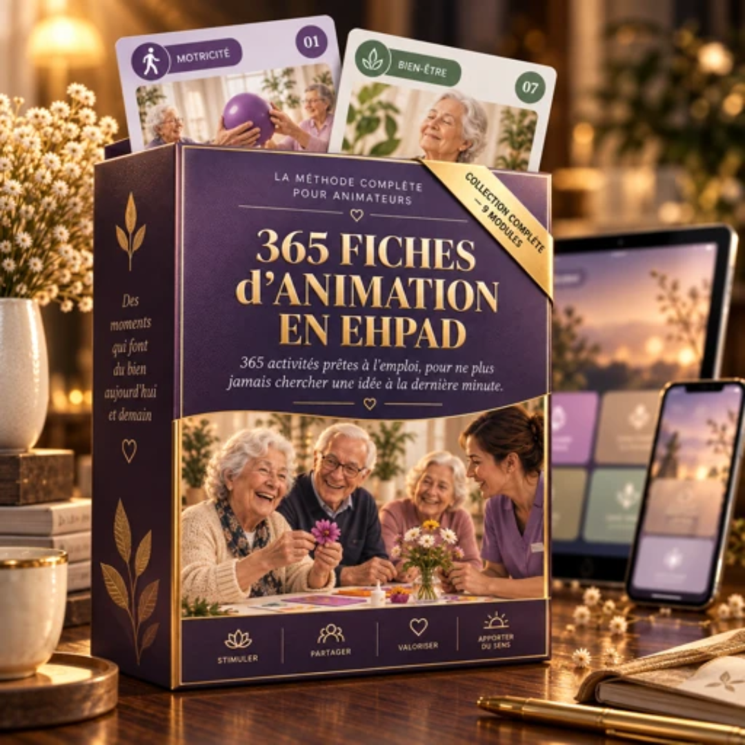 La boîte complète 365 Fiches d'Animation en EHPAD, avec cards d'exemple et version digitale sur tablette