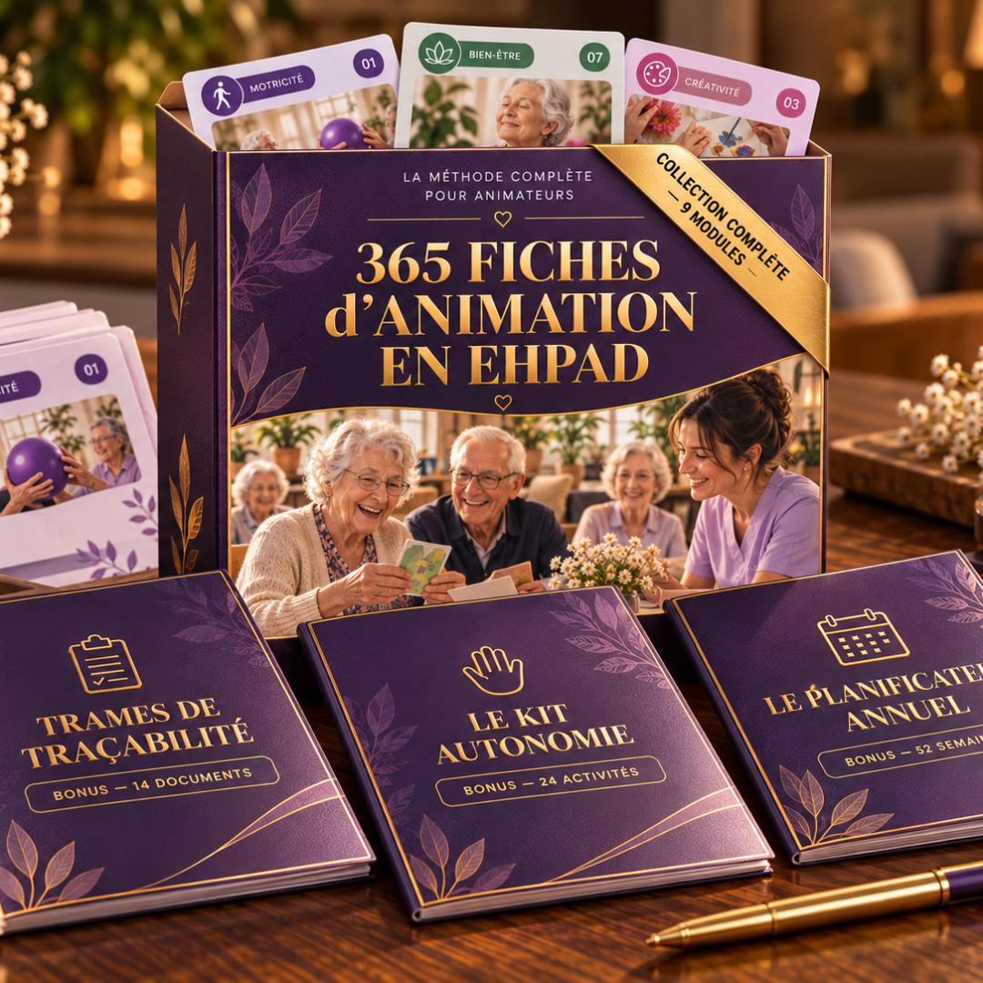 Le Pack Complet 365 Fiches d'Animation en EHPAD avec les 3 bonus offerts : Trames de traçabilité, Le Kit Autonomie et Le Planificateur Annuel